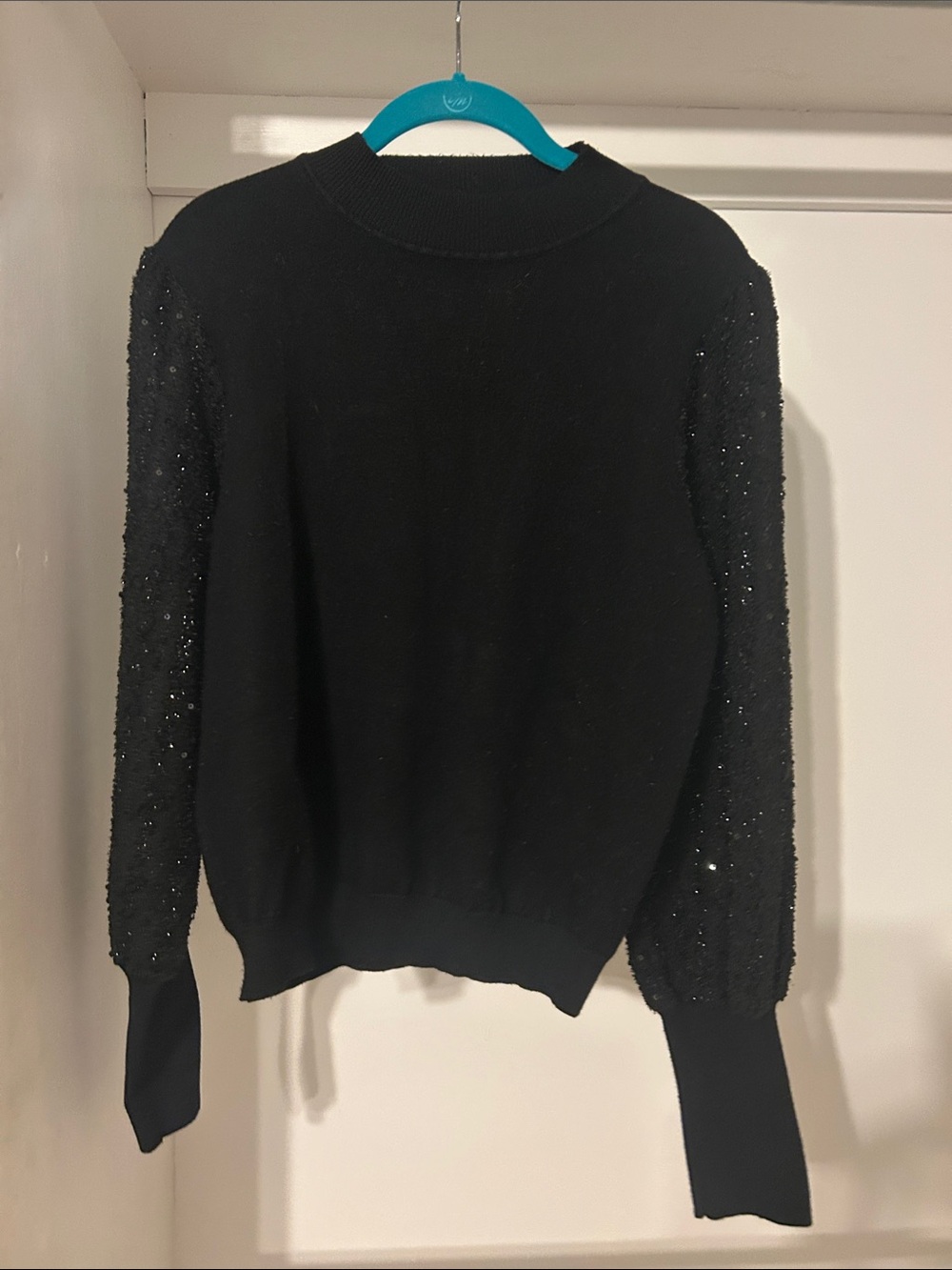 Nanette Lepore Black Sequin Sleeve Crew Neck Sweater